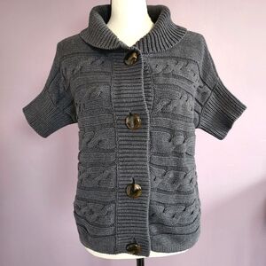 Talbots Gray 100% Cotton Cable Knit Collared Short Sleeve Buttoned Cardigan